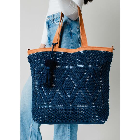 Navy Blue Leather Trim Diamond Pattern Cotton Blend Textured Tote Bag Pom Tassel - Picture 1 of 3